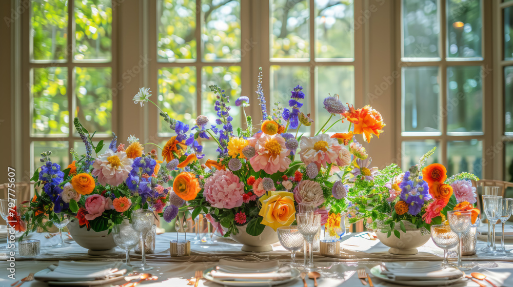 Elegant Floral Centerpiece for Festive Dining Table Setup with Natural Light. Elegant Floral Centerpiece for Festive Dining Table Setup with Natural Light.