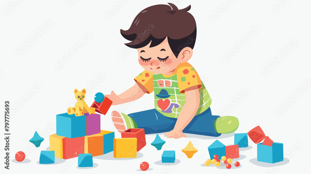 Little boy with autistic disorder playing with toys o