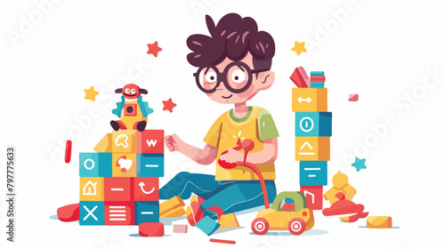 Little boy with autistic disorder playing with toys o