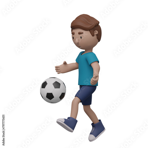 A boy in a blue shirt is kicking a soccer ball.