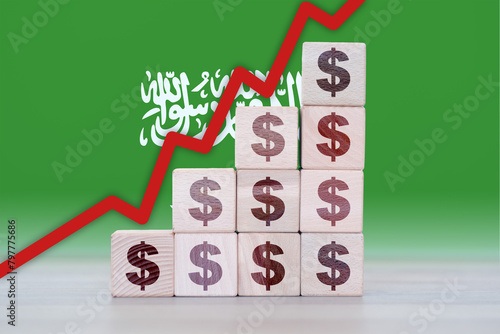 Saudi Arabia economic collapse, increasing values with cubes, financial decline, crisis and downgrade concept