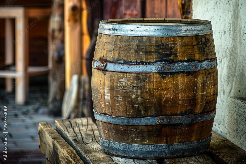 A solitary barrel placed against an ancient stone wall, creating an ambiance of time-honored tradition. Concept for storage, winery, wine production A solitary barrel placed against an ancient stone wall, creating an ambiance of time-honored tradition. Concept for storage, winery, wine production