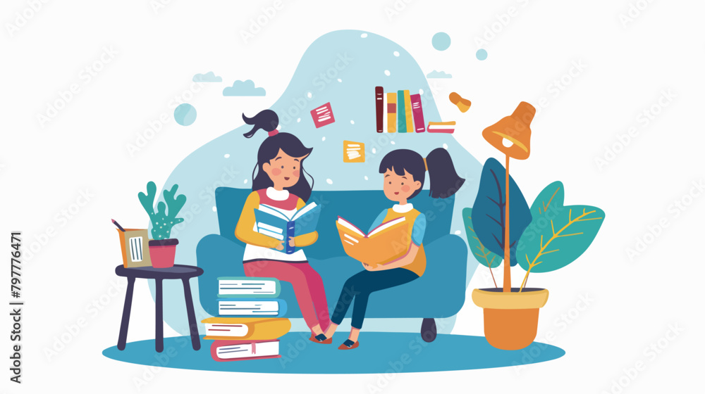 Little girl studying with tutor at home Vector illustration