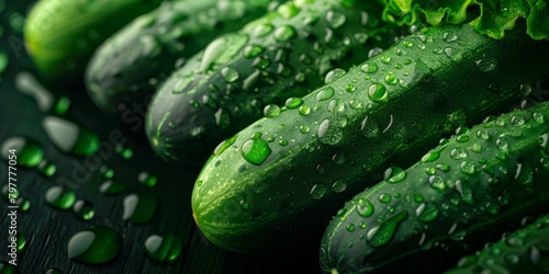 Fresh cucumbers decorated with shiny drops. Macro photography, generated with AI