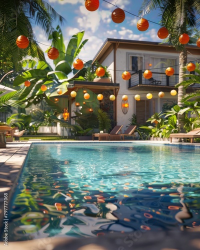 A backyard pool party invitation background, unreal engine, saturated color schemes, hyperdetailed, cinematographic style, generated with AI