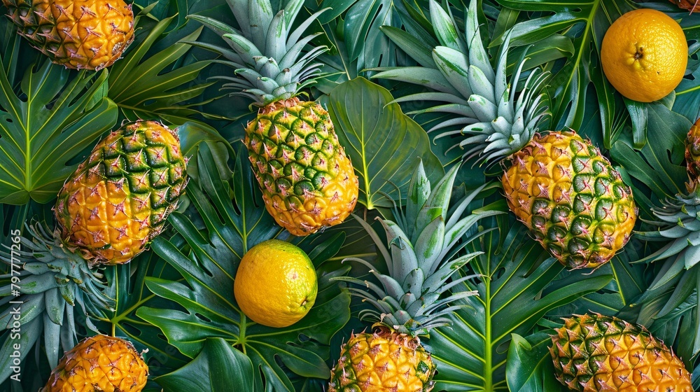 pineapples on tropical leaves background pineapples on tropical leaves background