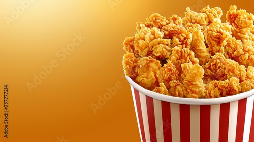 A bucket of fried chicken on yellow background with copy space, front view, striped red and white paper cup full of delicious golden deepfried buffalo strip, generated with AI photo