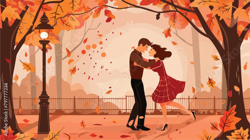 Loving couple dancing in autumn park Vector illustration