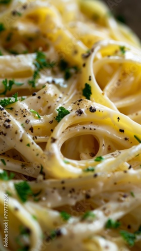 A closeup magazine quality shot of a beautifully pasta coated in cream sauce dish, insane details, food photography, natural lighting, generated with AI