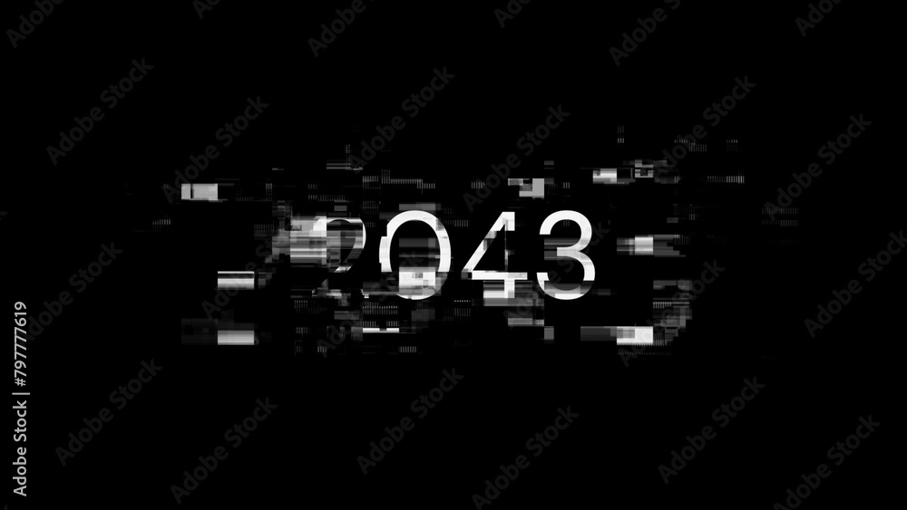 3D rendering 2043 text with screen effects of technological glitches 3D rendering 2043 text with screen effects of technological glitches