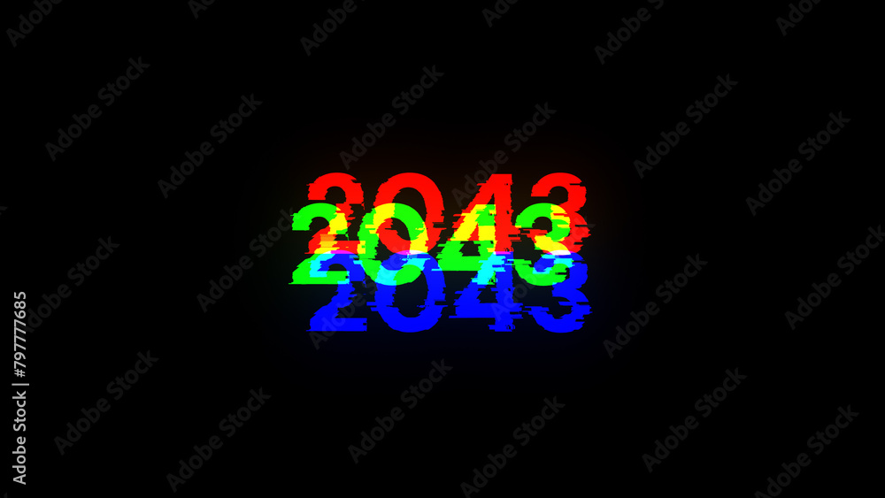 3D rendering 2043 text with screen effects of technological glitches 3D rendering 2043 text with screen effects of technological glitches