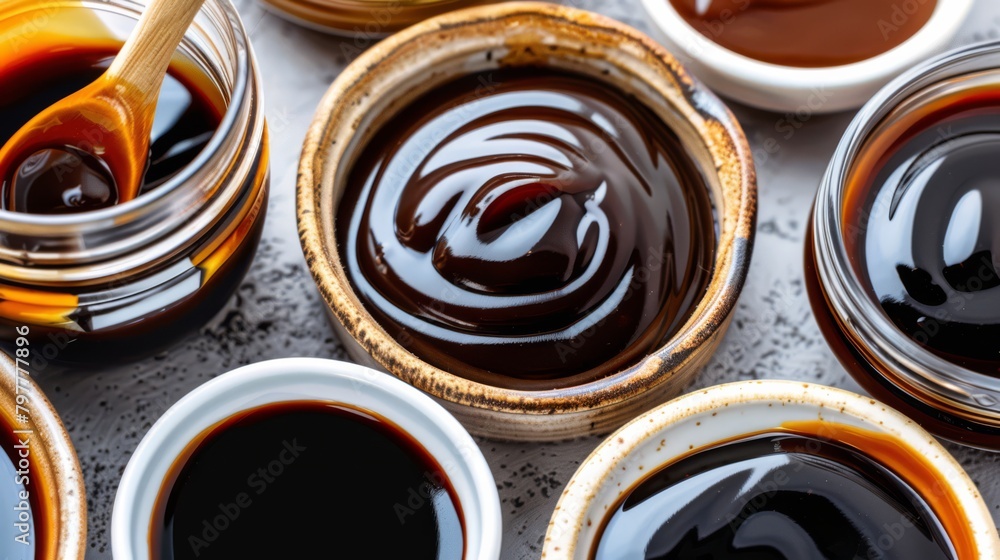 A set of sauces in small plates on an empty background, top view, generated with AI A set of sauces in small plates on an empty background, top view, generated with AI