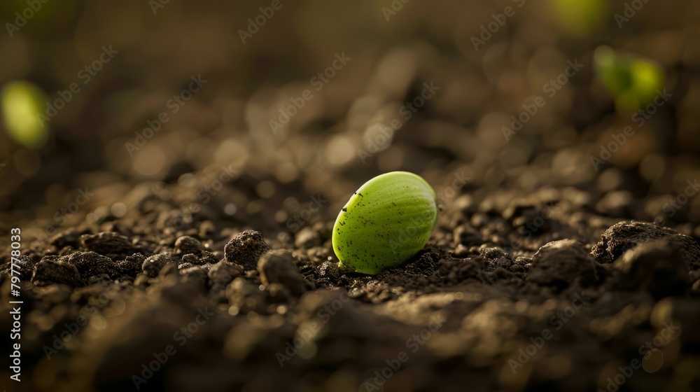 A single green seed lying on dark, rich earth. Photographed with a Sony a7R3 and at 200mm f/1.4. Photo-realistic, generated with AI