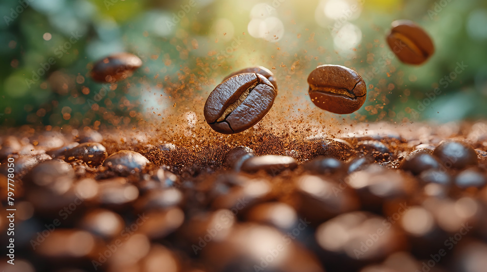 Close-up of coffee beans falling. Close-up of coffee beans falling.