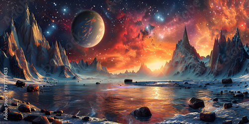 Science fiction space wallpaper incredibly beautiful planets galaxies dark, A painting of a landscape with a planet and a moon photo