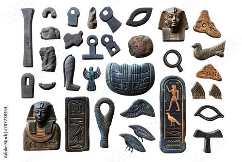A striking collection of ancient Egyptian and Egyptian artifacts, including hieroglyphics, pharaoh statues, and golden sarcophagi photo