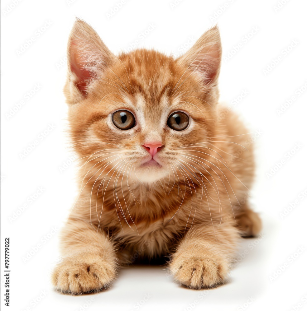 Adorable fluffy ginger kitten, lay down, isolated on white background, high definition, generated with AI Adorable fluffy ginger kitten, lay down, isolated on white background, high definition, generated with AI