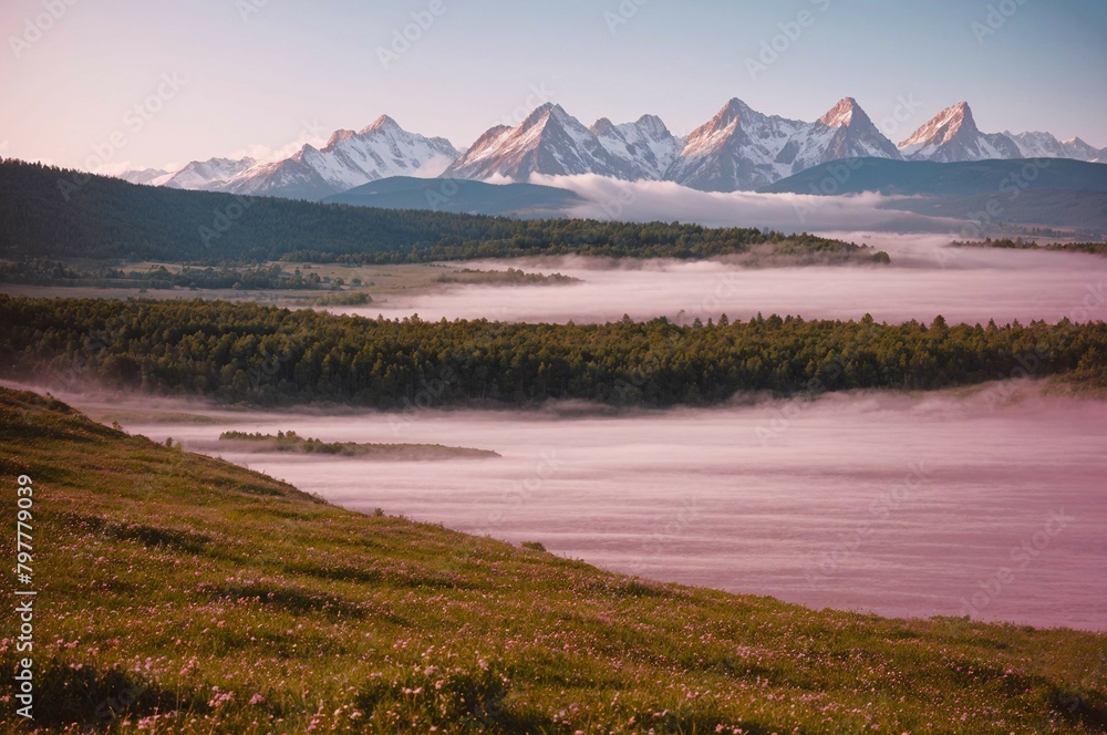 The fog is spreading down the valley, clouds in the mountains, pink light, for banner, poster, flyer, advertising, interior. travel, vacation concept.	