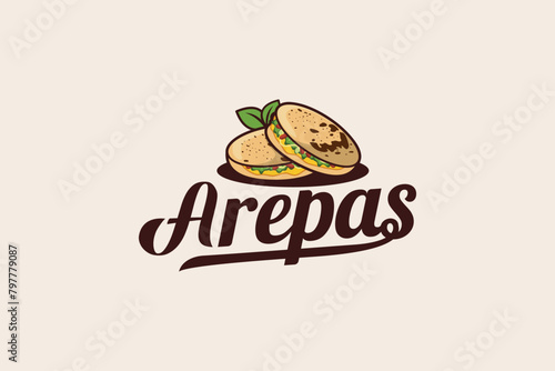 arepas logo with a combination of arapas, leaves and beautiful lettering for Venezuelan or Colombian food businesses, restaurants, cafes, food trucks, etc.