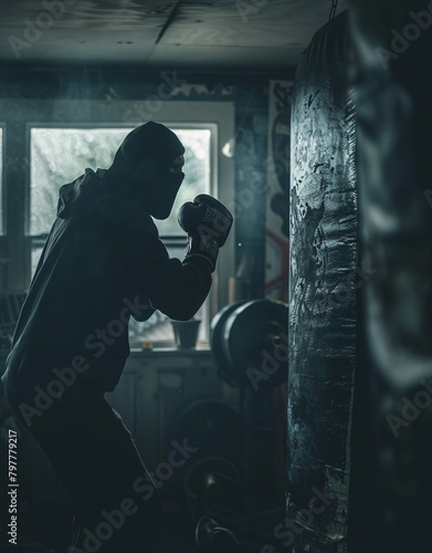 a person wearing a mask and gloves punching a punching bag © Bogdan