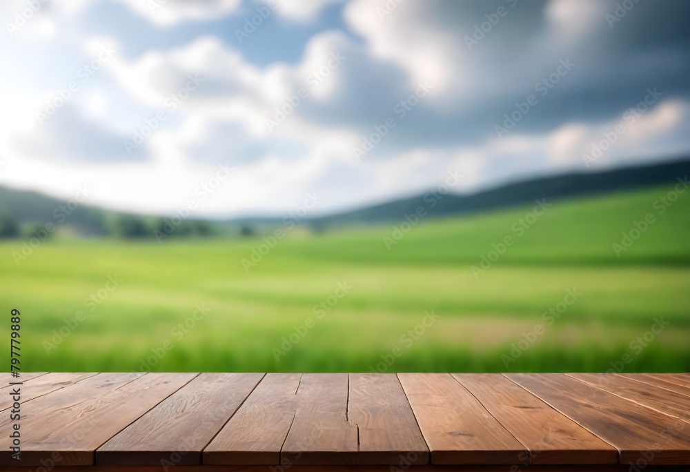 A wooden table or surface in the foreground, with a blurred green field and cloudy sky in the background