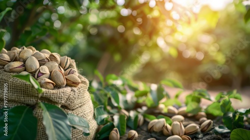 Cinematic, A portrait of pistachios spilling out of a burlap sack in a white background, surrounded by vibrant green leaves. Behind the pistachios, a scenic orchard or farm setting, generated with AI photo