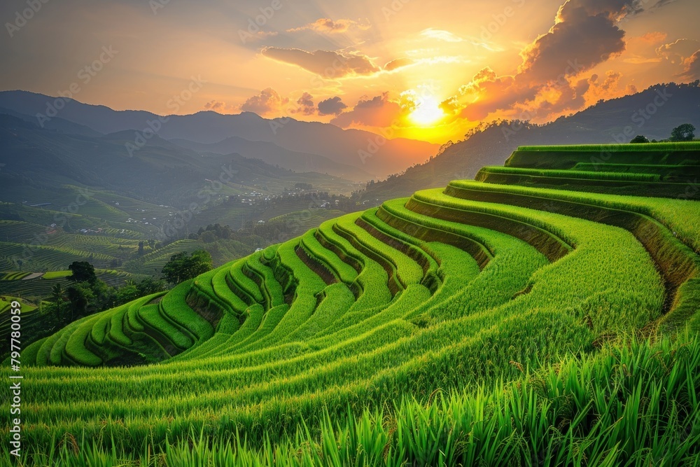 Rice fields on terraced agriculture landscape outdoors.