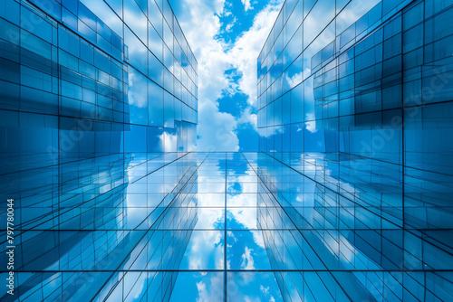 Reflective glass building facade against a clear blue sky  architectural symmetry and design.