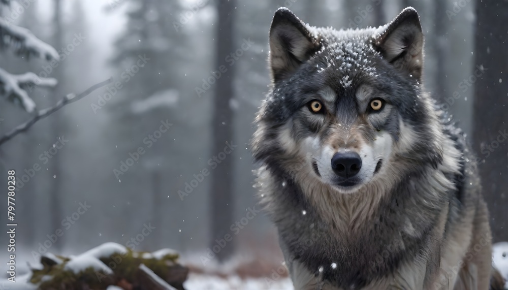 A gray wolf with piercing eyes in a snowy forest, surrounded by falling snowflakes