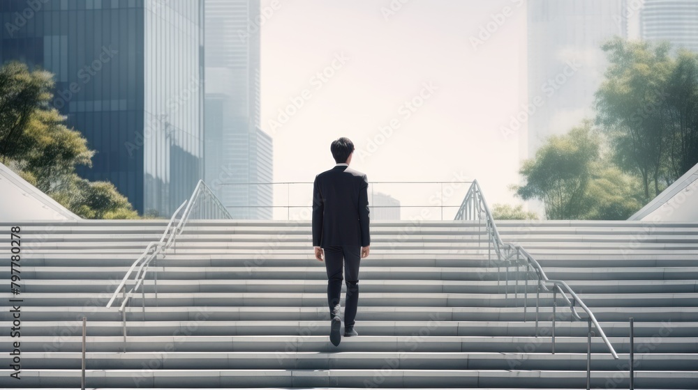 young businessman walking up the stairs in front of a modern office building. back view