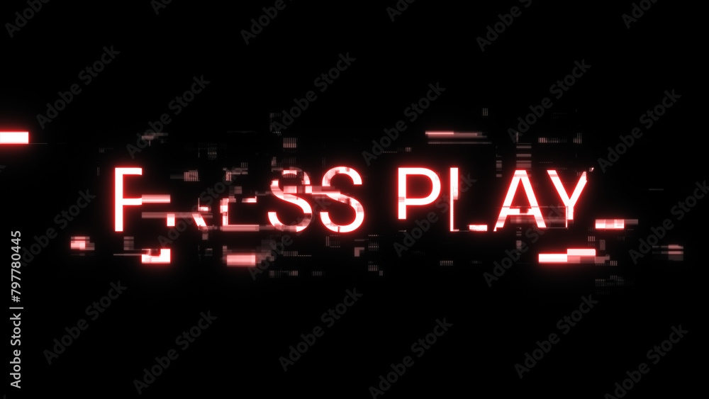 3D rendering press play text with screen effects of technological glitches 3D rendering press play text with screen effects of technological glitches