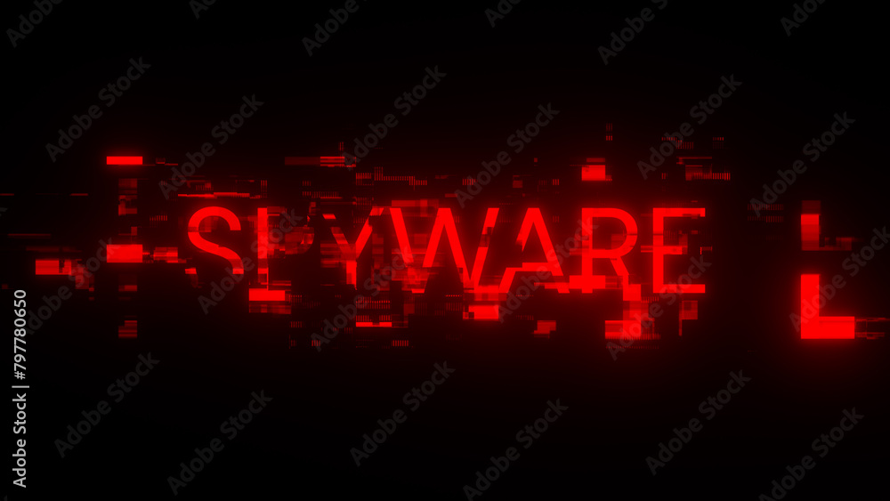 3D rendering spyware text with screen effects of technological glitches 3D rendering spyware text with screen effects of technological glitches