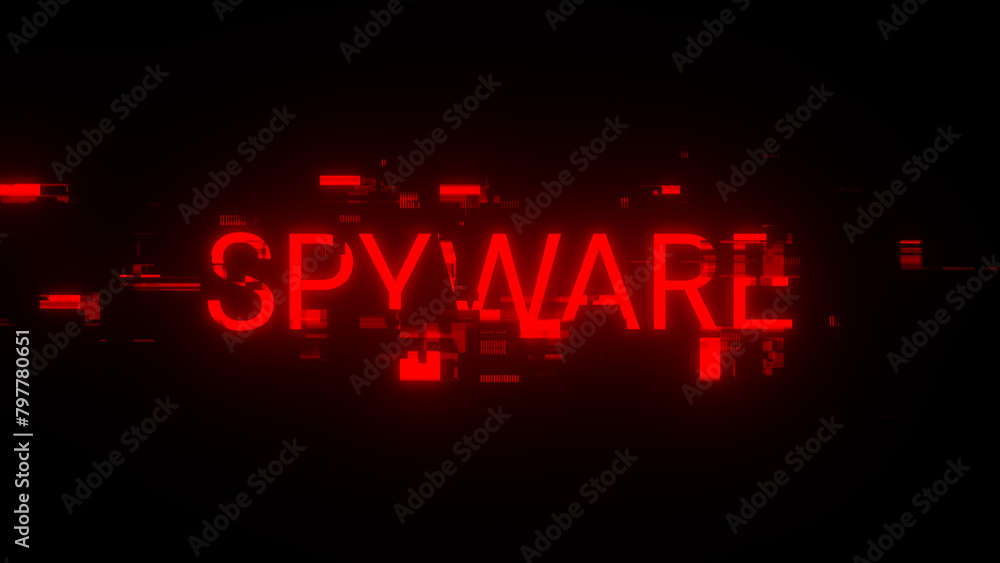 3D rendering spyware text with screen effects of technological glitches