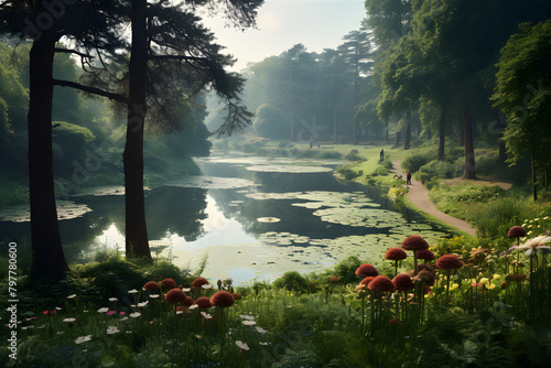 View of a city park with lush vegetation and greenery. European Day of Parks concept 24 May.