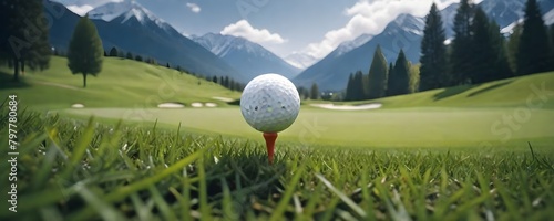 A white golf ball on a tee in a lush green golf course, with snow-capped mountains in the background and a cloudy sky