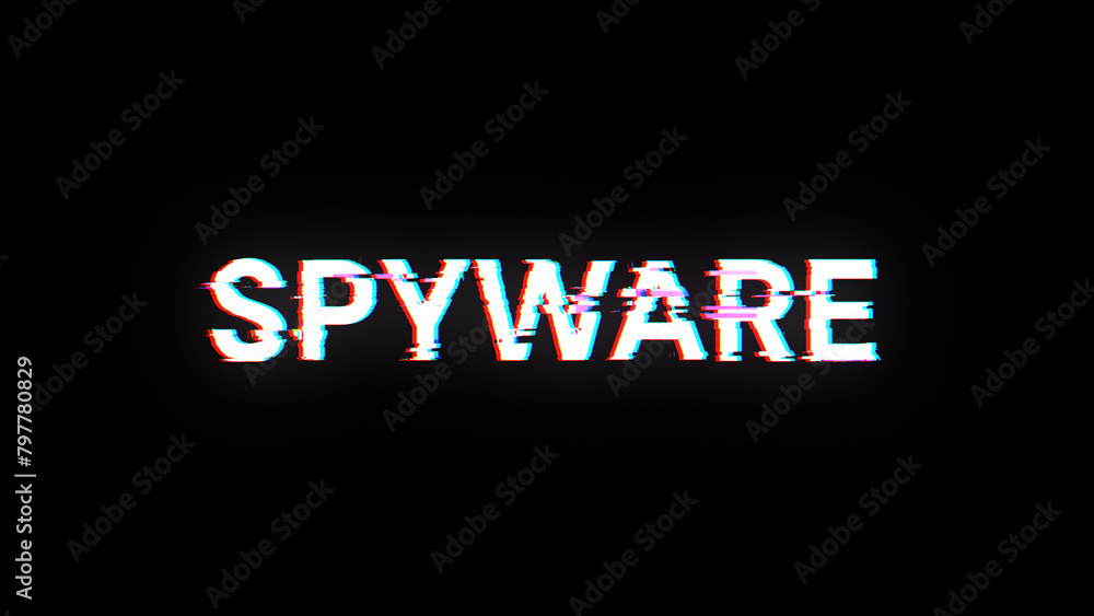 3D rendering spyware text with screen effects of technological glitches