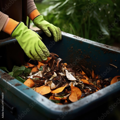 Hand puts organic trash to homemade vermicomposter box to processing ,Fruit and food waste is used to make bio fertilizer Organic farming concept.