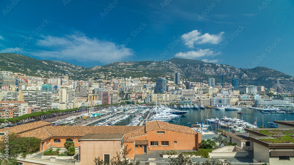Monte Carlo city aerial panorama timelapse hyperlapse. Port Hercule from top.