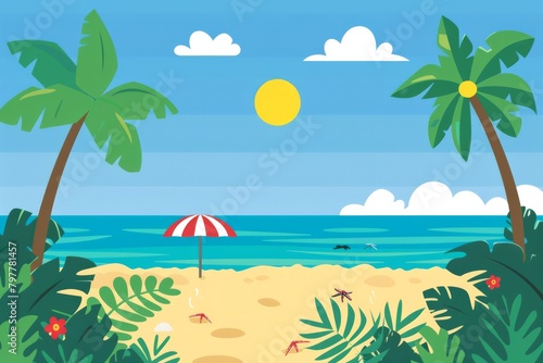 Flat design illustration of hot day in the beach, simple vector style, flat color, generated with AI
