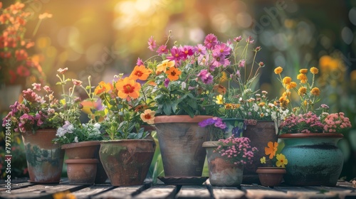 Flower pots in different styles and sizes, in shades of green and gray, different colors, generated with AI