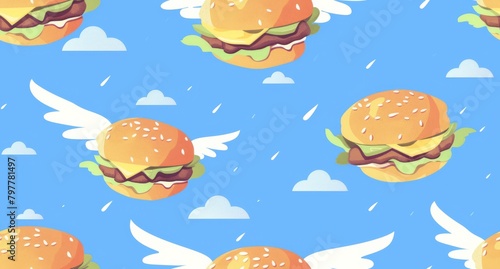 Flying cartoon burgers with white wings on a blue background, generated with AI