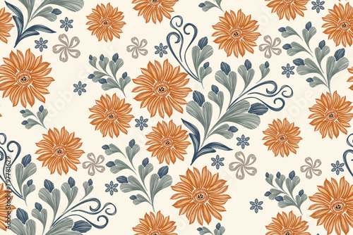 Ethnic Floral pattern seamless embroidery white background. Ikat sunflower flowers ditsy motif traditional. Aztec style abstract vector illustration vintage design for print template.