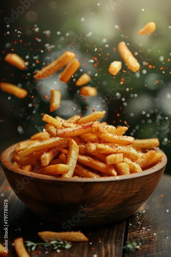 French fries kept on a wooden plate  some fries flying around  front angle shot  generated with AI