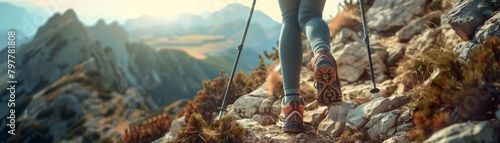 Hiker woman with trekking sticks climbs steep on mountain trail, focus on boot photography, generated with AI photo