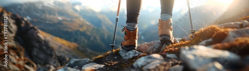 Hiker woman with trekking sticks climbs steep on mountain trail, focus on boot photography, generated with AI photo