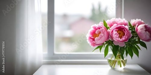 A bouquet of pink peonies in a vase on a windowsill with a blurred background
