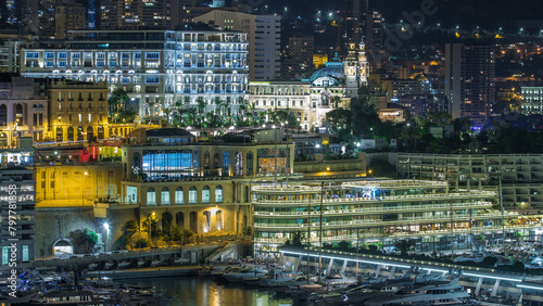 One of the sides of the Monte Carlo Casino night timelapse aerial top view.