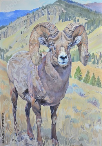 Hyper realistic full-body portrait of an Aries Ram standing in wilderness, forest backdrop, grrn and orange, is in the style of photorealistic portraits, generated with AI photo