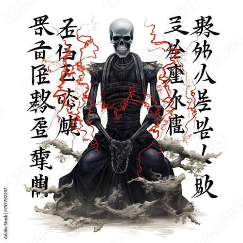 image of a black skeleton, skeletal structure and Japanese writing, in the style of mystical creatures and landscapes, medical themes, figura serpentinata, undefined anatomy, infrared, necronomicon il