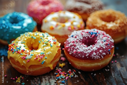 assorted donuts with chocolate frosted, pink glazed and sprinkles donuts. Donuts on a Background with Copy Space. 